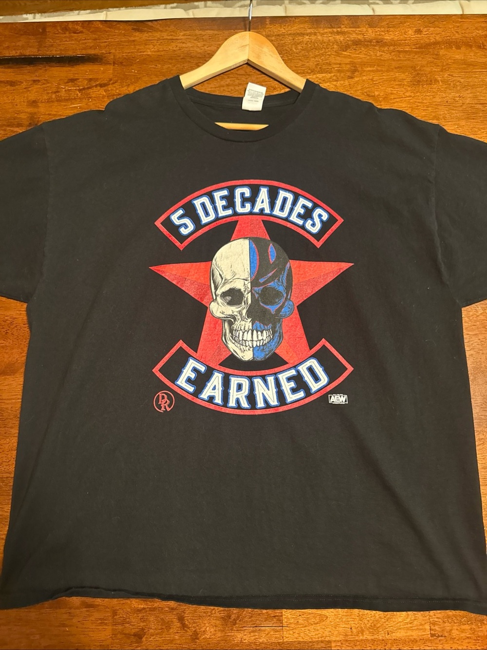 Official AEW 5 Decades Earned Dustin Rhodes 2XL Tshirt Used - black - wrestling